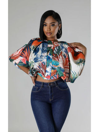 Colorblock Printed Loose Cropped Blouses