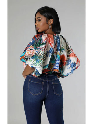 Colorblock Printed Loose Cropped Blouses