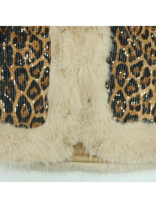 Sexy Leopard Sequins Fur Patchwork Sleeveless 2pcs Pant Sets