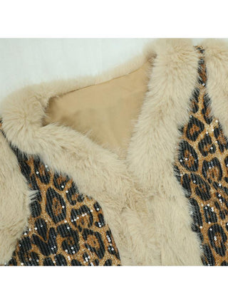 Sexy Leopard Sequins Fur Patchwork Sleeveless 2pcs Pant Sets