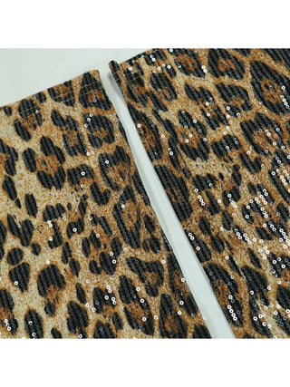 Sexy Leopard Sequins Fur Patchwork Sleeveless 2pcs Pant Sets