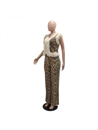 Sexy Leopard Sequins Fur Patchwork Sleeveless 2pcs Pant Sets