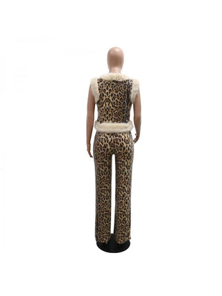 Sexy Leopard Sequins Fur Patchwork Sleeveless 2pcs Pant Sets