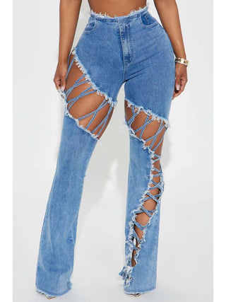 Frayed Denim Hollow-out Raged Hem Jeans