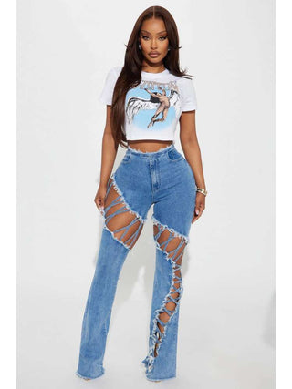 Frayed Denim Hollow-out Raged Hem Jeans