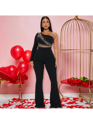 Rhinestones Sheer One Shoulder Flared Jumpsuits