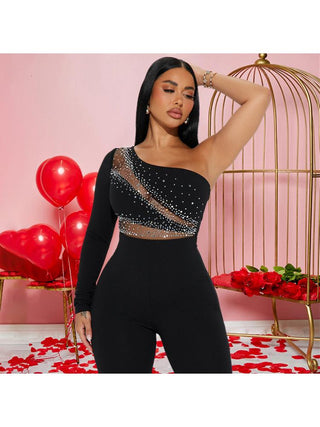 Rhinestones Sheer One Shoulder Flared Jumpsuits