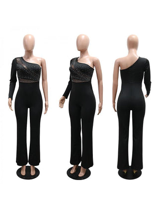 Rhinestones Sheer One Shoulder Flared Jumpsuits