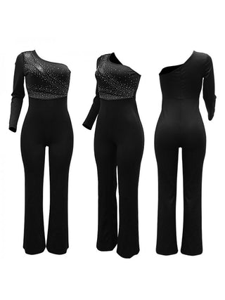 Rhinestones Sheer One Shoulder Flared Jumpsuits