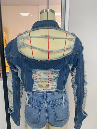 Chic Design Ripped Cropped Denim Jacket