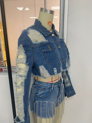 Chic Design Ripped Cropped Denim Jacket