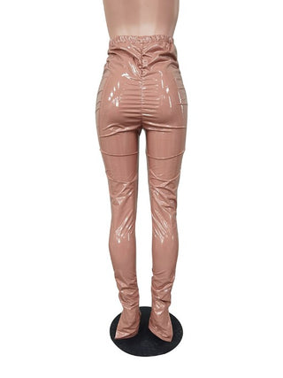 High Waist Ruched Split Hem Women Leather Pants