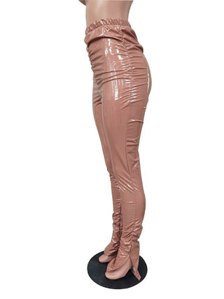 High Waist Ruched Split Hem Women Leather Pants