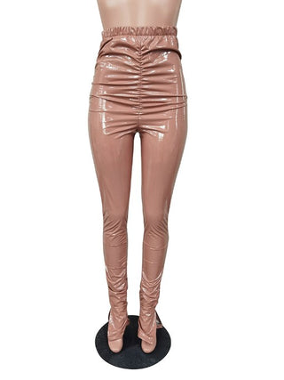 High Waist Ruched Split Hem Women Leather Pants