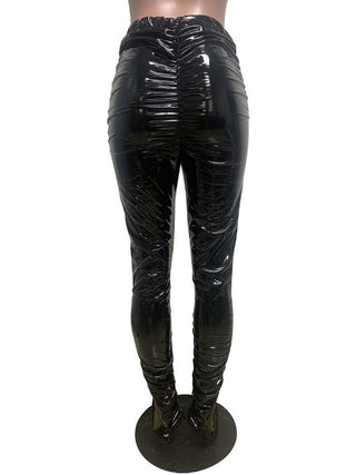 High Waist Ruched Split Hem Women Leather Pants