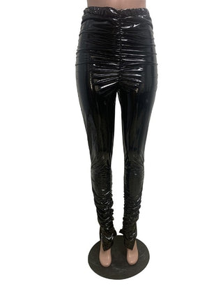 High Waist Ruched Split Hem Women Leather Pants