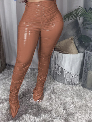 High Waist Ruched Split Hem Women Leather Pants