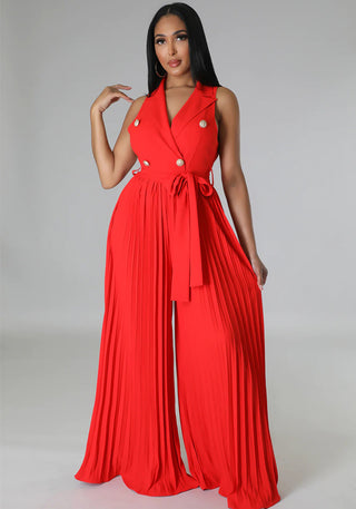 Women Spring V-neck Sleeveless Backless Pleated Wide Leg Jumpsuit
