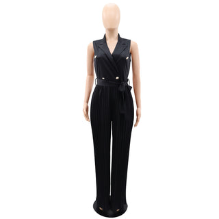 Women Spring V-neck Sleeveless Backless Pleated Wide Leg Jumpsuit