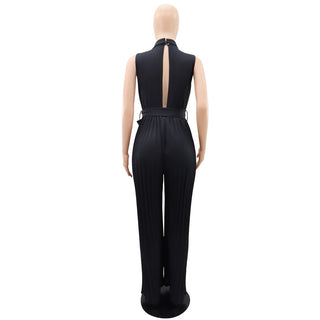 Women Spring V-neck Sleeveless Backless Pleated Wide Leg Jumpsuit