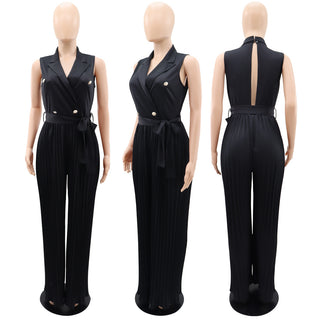 Women Spring V-neck Sleeveless Backless Pleated Wide Leg Jumpsuit