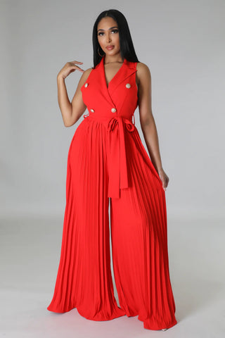 Women Spring V-neck Sleeveless Backless Pleated Wide Leg Jumpsuit