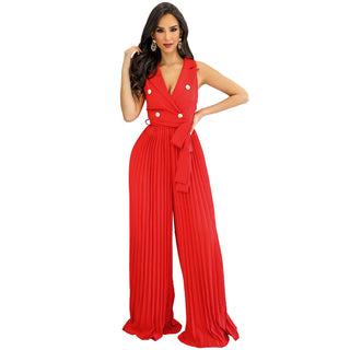 Women Spring V-neck Sleeveless Backless Pleated Wide Leg Jumpsuit
