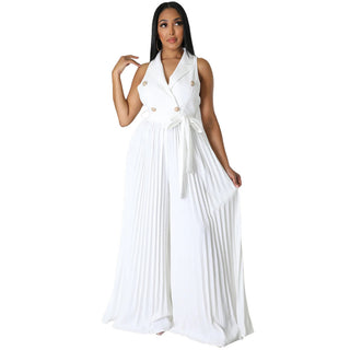 Women Spring V-neck Sleeveless Backless Pleated Wide Leg Jumpsuit