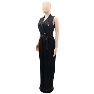Women Spring V-neck Sleeveless Backless Pleated Wide Leg Jumpsuit