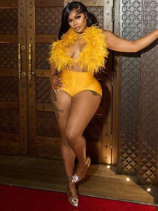 Women sexy nightclub Halter Neck Lace-Up Feather Top and Shorts two-piece set
