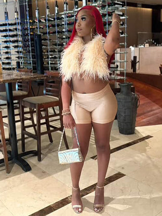 Women sexy nightclub Halter Neck Lace-Up Feather Top and Shorts two-piece set