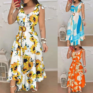 Beach Dress With Belt Women Sleeveless Floral Print Tie Knot Casual Long Dress Summer Ruffled High Waist Large Swing Maxi Dress