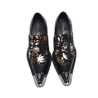 New Gold Floral Print Patchwork Men Suede Leather Formal Shoes Metal Pointed Toe Man Big Size Black Wedding Party Oxford Shoes