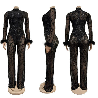 5 Bulk Wholesale Sequins Pants Set Women Spaghetti Strap Bodysuit + Feather Sleeve Jumpsuit Two Piece Set Sexy Mesh Outfit