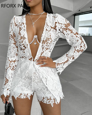 Women Chic Hook Flower Hollow Long Sleeves Jacket Sexy Two Pieces Short Sets