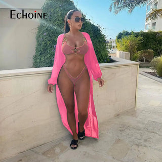 Echoine Women Bikini Pull Ring Connection Crop Top+Panties And Mesh Coat Sexy Swimsuit 3 Pieces Set Fashion Sexy Party Outfits