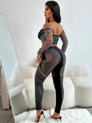 5Sets Bulk Wholesale Sexy Two Piece Set Women Slash Neck Hollow Out Long Sleeve Crop Tops + Leggings Rhinestone Mesh Club Outfit