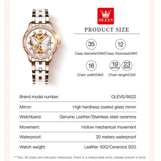 OLEVS Women's Automatic Watches Skeleton Mechanical Ladies Elegant Luxury Dress Butterfly Diamond White Ceramic Band Watch Gift