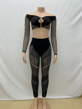 5Sets Bulk Wholesale Sexy Two Piece Set Women Slash Neck Hollow Out Long Sleeve Crop Tops + Leggings Rhinestone Mesh Club Outfit