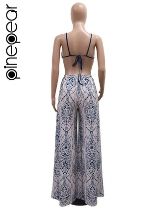 PinePear Sexy Lace Up Bandage Jumpsuits Loose Wide Leg Pants Rompers Women Clothing Summer Strap Backless Hollow Out Overalls