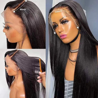 13X4 Full Lace Frontal Wig Human Hair Straight Peruvian Transparent Lace Pre Plucked Natural Black