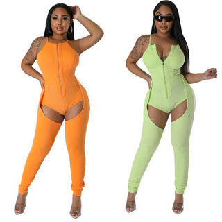 5Pcs Bulk Wholesale Solid Jumpsuits Women Sexy Hollow Out Spaghetti Strap Zipper Skinny Rompers Summer Street Clubwear Overalls