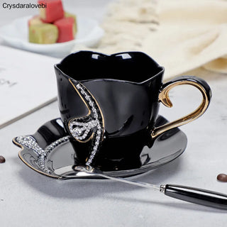 Creative Design Drinkware Ceramic 3D Tea Mugs With Rhinestones Decoration Cups And Saucers