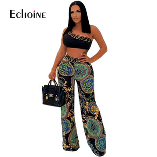 One Shoulder Sleeveless Crop Top+Wide Legged Pants Two 2 Pieces Set Summer Sexy Nightclub Party Outfits