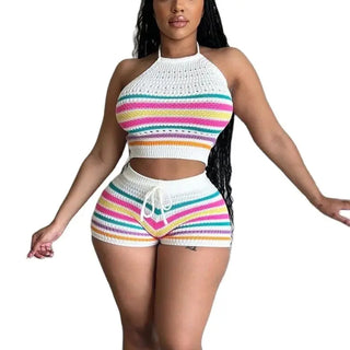 Women Suits Hhanging Neck Lace-up Sleeveless Backless Tops Female Casual Knitted Rainbow Stripes Two Piece Sets Slim Fit Shorts