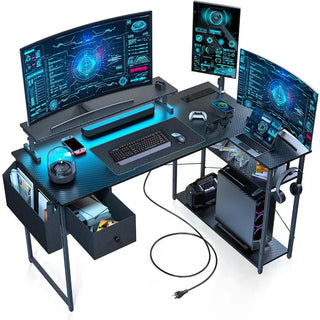 47 inch L Shaped Gaming Desk with LED Lights & Adjustable Stand, Power Outlets, Reversible Gaming Desk with Shelves,Hook