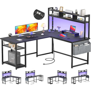 L Shaped Desk with Power Outlet & LED Strip, Gaming Desk with Storage Shelf & Monitor Stand, Modern 2 Person Home Office Desk