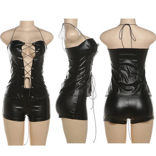 5Sets Bulk Wholesale PU 2 Piece Set Women Sexy Hollow Out Bandage Halter Lace Up Tops + Shorts Summer Streetwear Leather Outfits