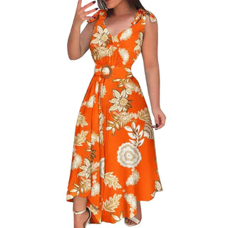 Beach Dress With Belt Women Sleeveless Floral Print Tie Knot Casual Long Dress Summer Ruffled High Waist Large Swing Maxi Dress