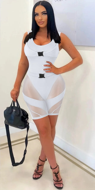 5Pcs Bulk Wholesale Mesh Patchwork Playsuit Women Sexy See Through Romper Female Unique Belt Bodycon Jumpsuit Summer Outfit 9504